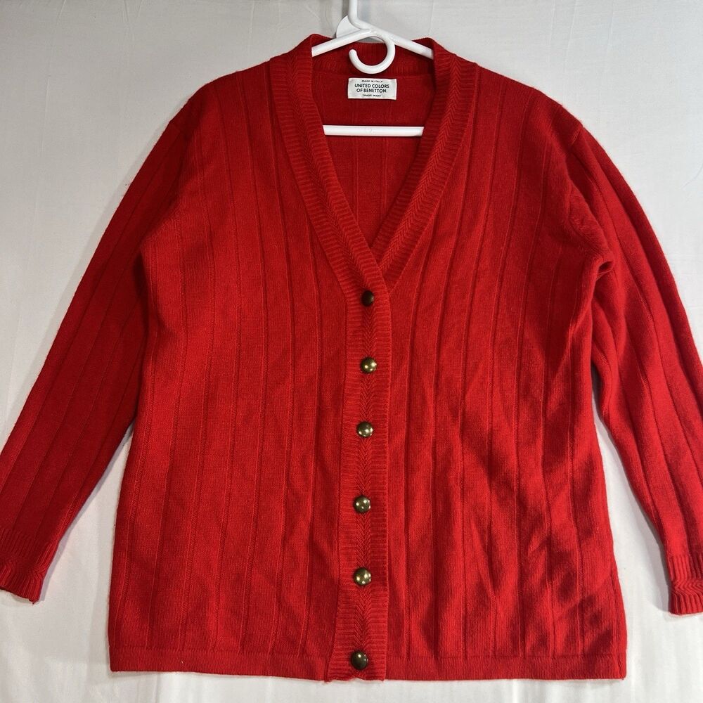 Vintage United Colors of Benetton Cardigan Red Wool Angora Made in Italy Small